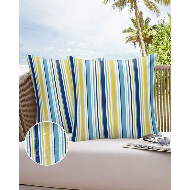 Pack of Outdoor Pillow Covers, Teal Blue Yellow Stripes Texture