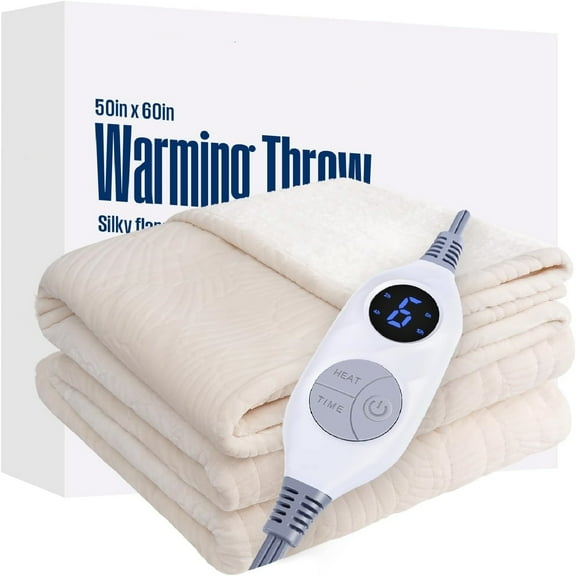 Heated Throw Blanket, Flower Jacquard Electric Blanket Throw with 6 Heating Levels and 2-10 Hours Auto-Off, Flannel to Sherpa Super Cozy Heated Blanket, Machine Washable (50" x 60" Beige)