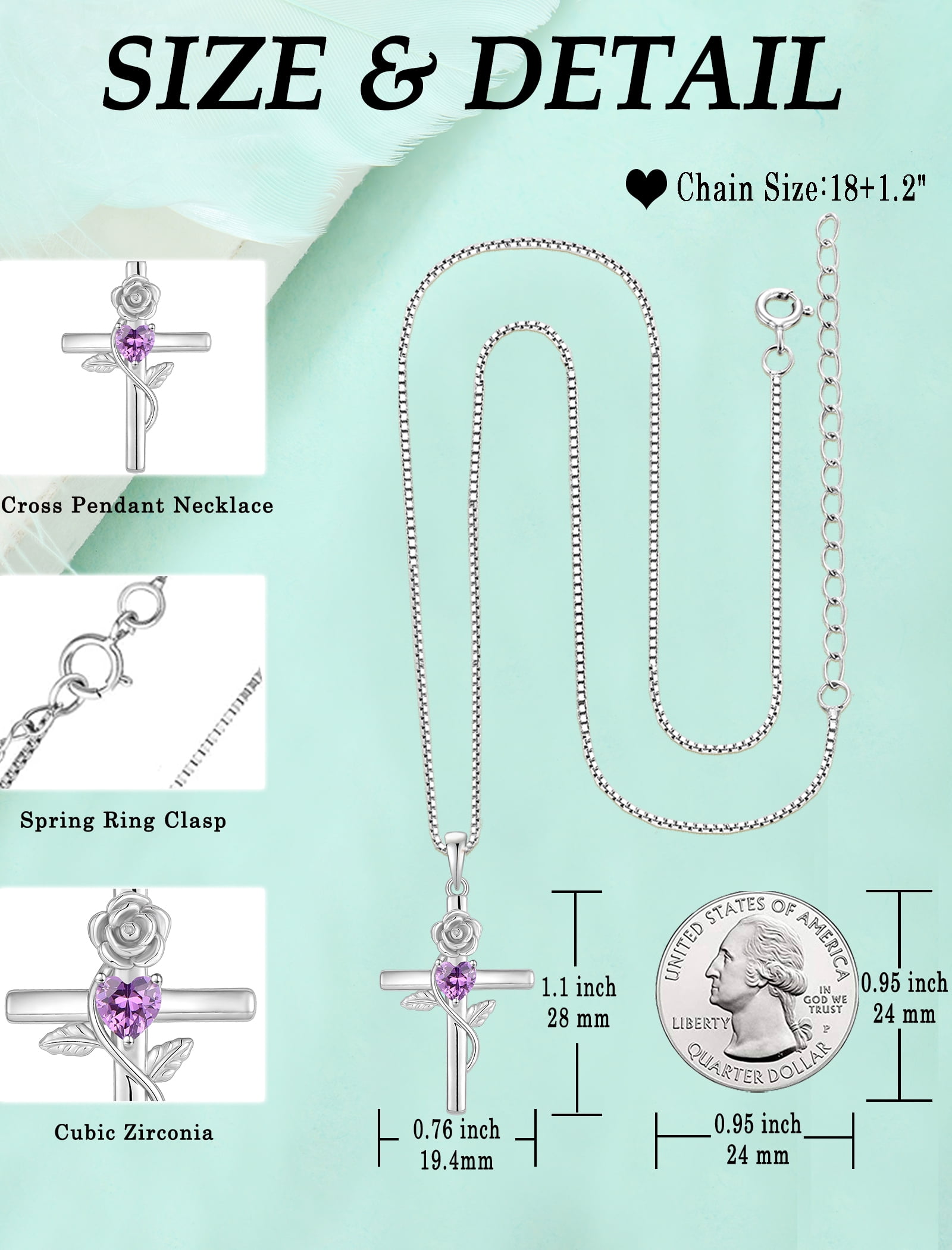 VESITIM Cross Pendant Necklace Sterling Silver Infinite Rose Flower Necklace Women Faith Jewelry Gift with February Birthstone Created Amethyst