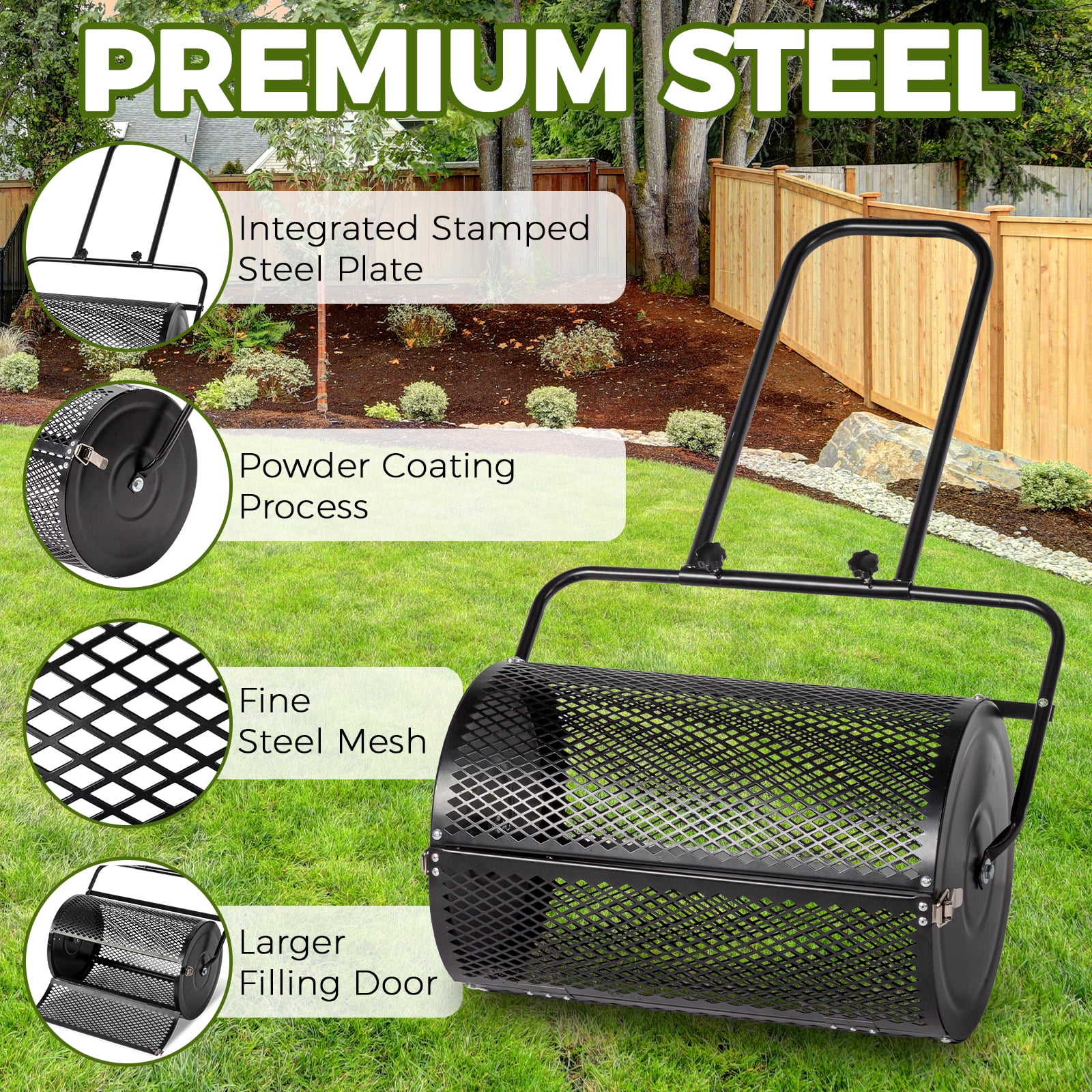 Ktaxon 24" Peat Moss Roller, Black Steel Mesh Lawn Spreader with Double Side Latches