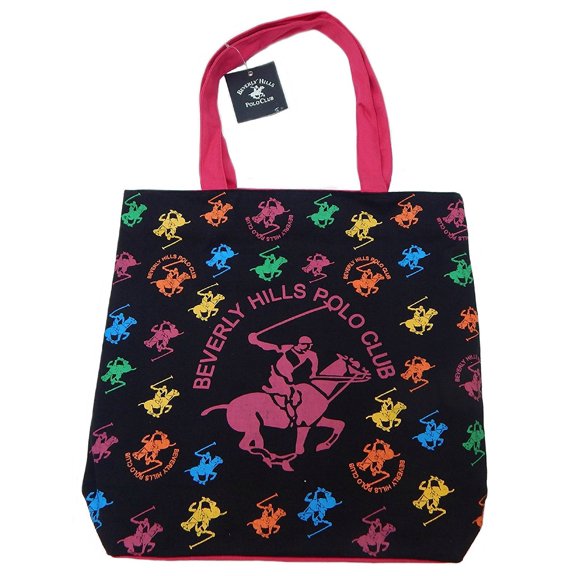 Beverly Hills Polo Club Adult Women's Canvas Tote Bag Fashion Zippered Shoulder Bag Double Handles Straps (Black)