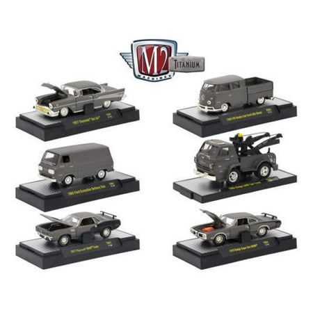 M2 MACHINES 1:64 TITANIUM - RELEASE 1 ASSORTMENT GREY 6PCS 32600-TI01 - 1957 CHEVROLET BEL AIR - TITANIUM VW DOUBLE CAB TRUCK/ FORD ECONOLINE/DODGE L600 TOW TRUCK/ PLYMOUTH HEMI CUDA/ DODGE SUPER BEE