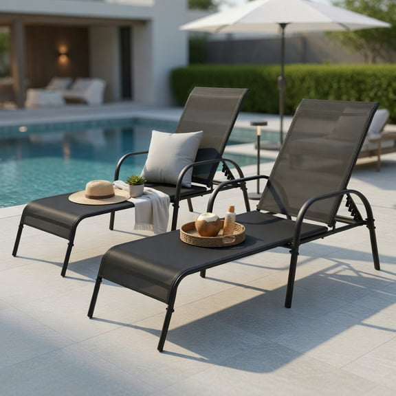 Hommoo 2-Pack Adjustable Outdoor Chaise Lounge Chairs with Sun-Resistant Fabric & Steel Frame for Patio, Poolside, Backyard, Black