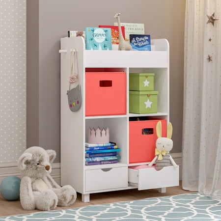 UPC: 0813924018118 | RiverRidge Home Book Nook Kids 1-Shelf 4-Cubby 2-Drawer Storage Cabinet with Bookrack -2pc Coral Bin Set