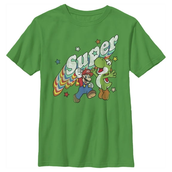 Boy's Nintendo Mario and Yoshi Retro Super  Graphic Tee Kelly Green Medium