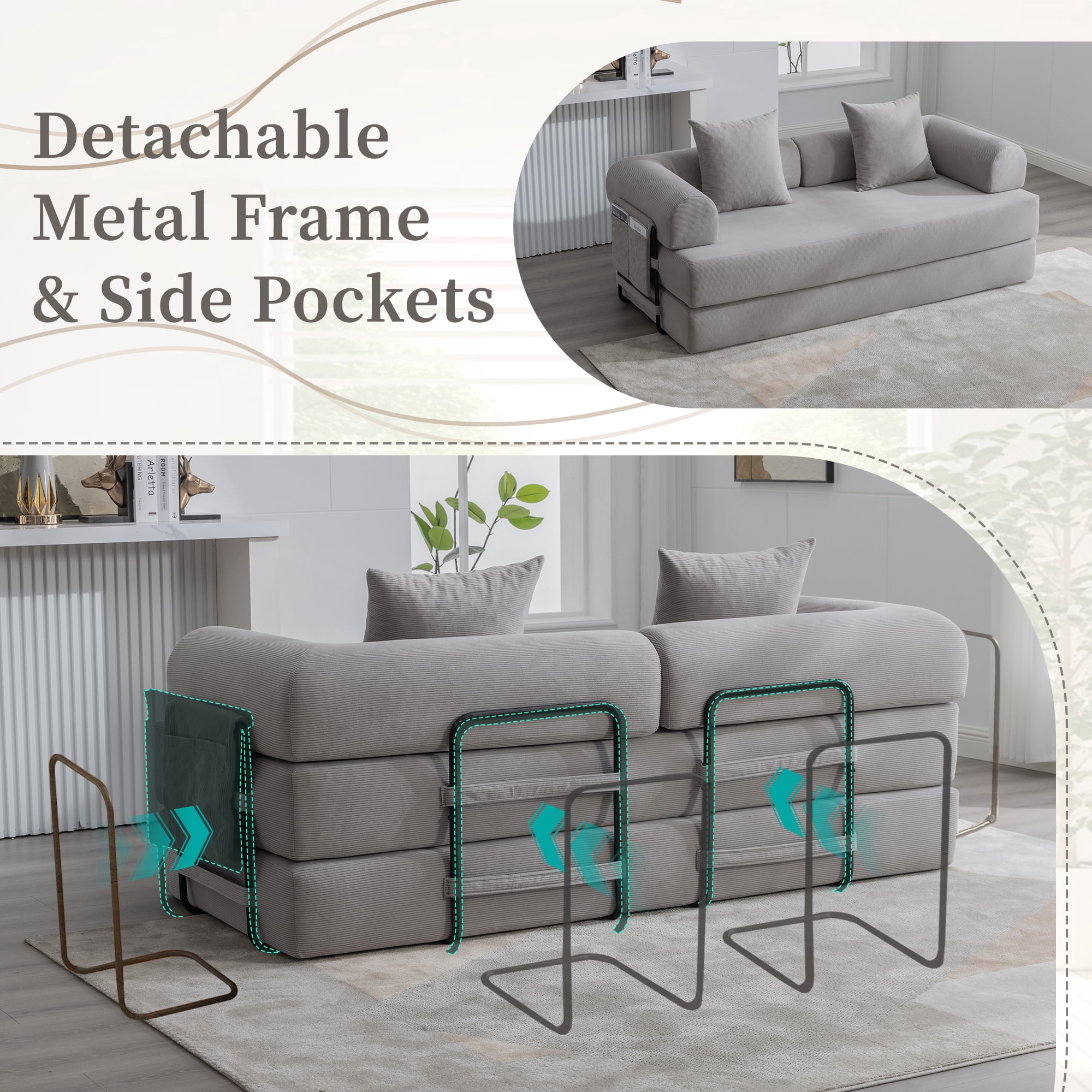 MOONMISS Corduroy Upholstered Modern Comfort Foldable Compressible Sofa Bed with Sturdy Metal Frame-Light Gray
