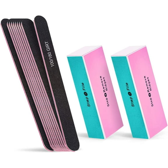 Nail File and Polishing Buffer Block Set,2pcs 4 Way Nail Buffing,Polish Nail Surface Shine Nail,Remove ridegs & 10pcs Double Sided 100/180 Grit Nail File Emery Board Filer,Nail Care Tools