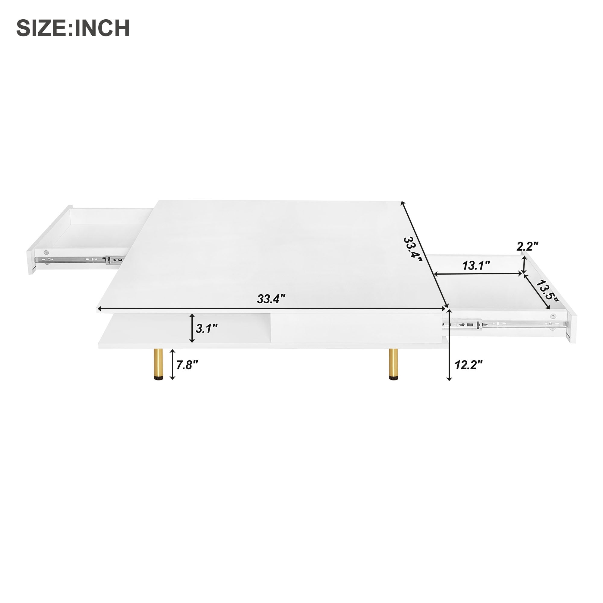 MAYEERTY High Gloss White Coffee Table with 4 Golden Legs, 2 Small Drawers, 2-Tier Square Center Table for Living Room, Modern Storage Table with Open Shelves, Elegant Coffee Table with Storage,White