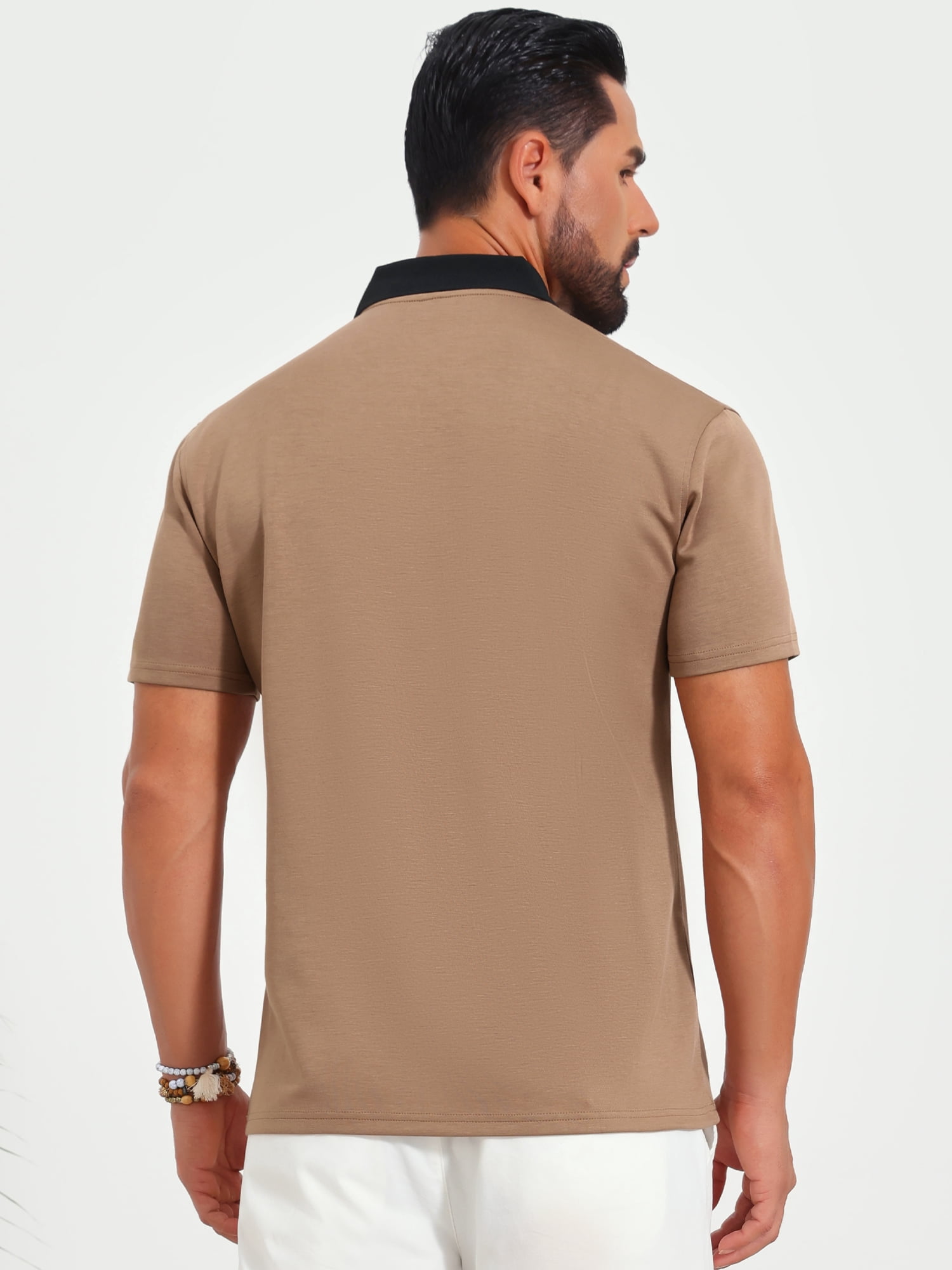 DARING DIVA Men's Zipper Closure Colorblock Short Sleeve Basic Polo Shirt 2XL Khaki