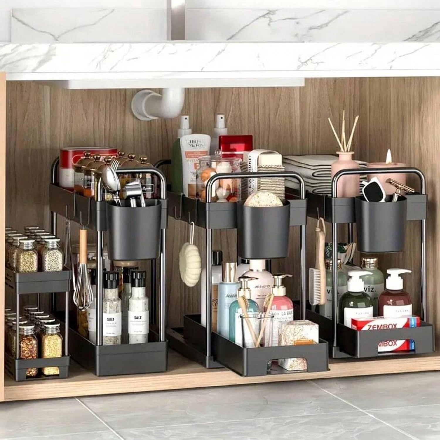 NTGFU 4 Pack Under Sink Organizer and Storage - Stackable 3 Size 2 Tier Bathroom Under The Sink Organizers Multi-Usage Kitchen Cabinet Organizers and Storage Sink Bath Shelf Baskets