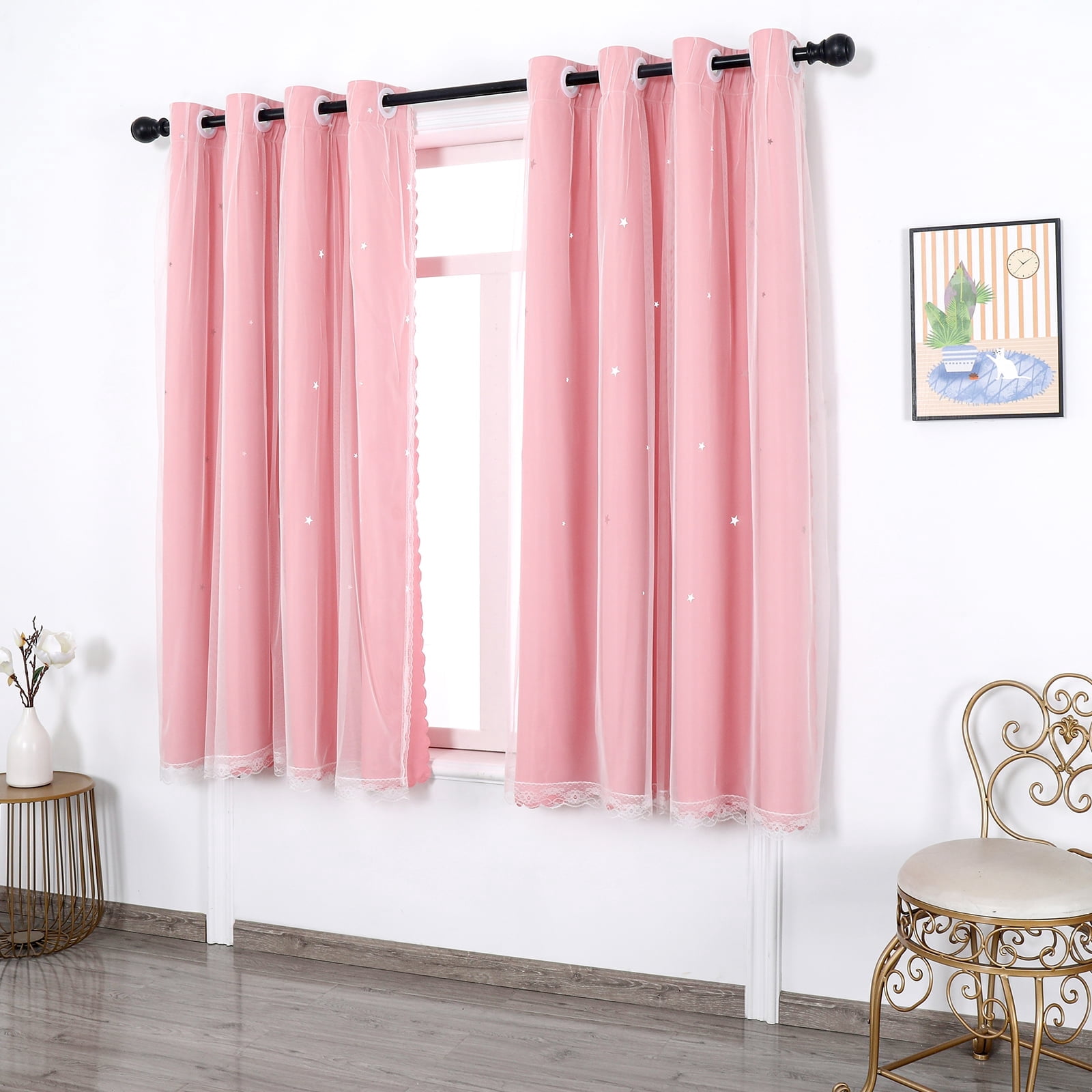 Psoiuetr Blackout Gradient Ombre Curtains for Kids Girls Bedroom Living Room Decor Rainbow Double Layers Star Cut Out Stripe Pink Grommet Window Curtains,52"x63",1 Panel