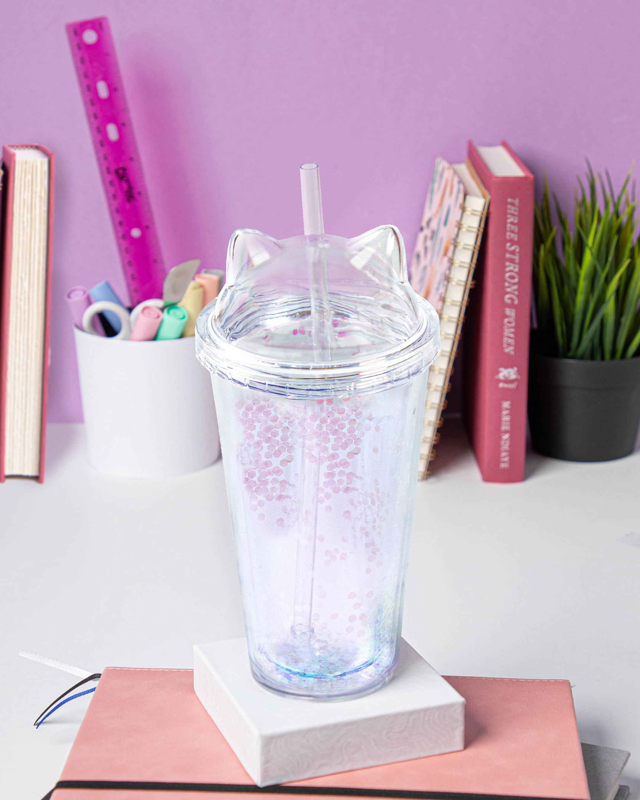 1pc 450ml Cat Ear Shape Straw Cup,Double Walled with Straw