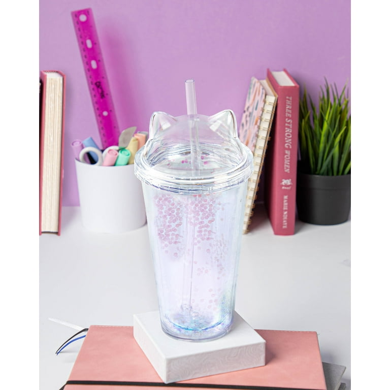 Kid Travel Tumbler with Straw Pink Cat Party Reusable Plastic Cup Drinking  Ice Coffee Mug Birthday Gift (cat pink, 420 ml)