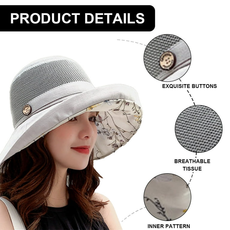 Women Wide Brim Sun Hats Metal Wired Edge Summer UV Protection UPF Boho Hat  for Beach Hiking Garden Travel Chin Strap - Grey 
