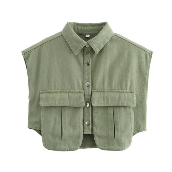Cropped Waistcoat for Women Button Down Denim Vest Elegant Jacket Y2K Jeans Jacket Collared Loose Sleeveless Tops Casual Country Trendy Army Green L