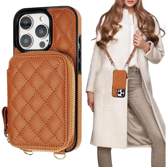 Crossbody Wallet Case for iPhone 16 Pro, RFID Blocking PU Leather Zipper Handbag Purse Flip Cover, Kickstand Folio Case with Card Slots Holder Wrist Strap Lanyard 5G 6.3 Inch (Brown)