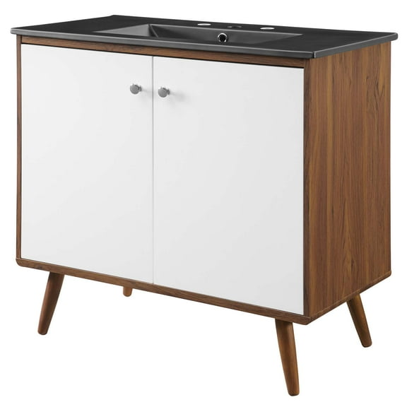 Sink Vanity Cabinet, Wood, Brown Walnut Black, Modern Contemporary Urban Design, Hotel Bedroom Bathroom Master Suite Guest