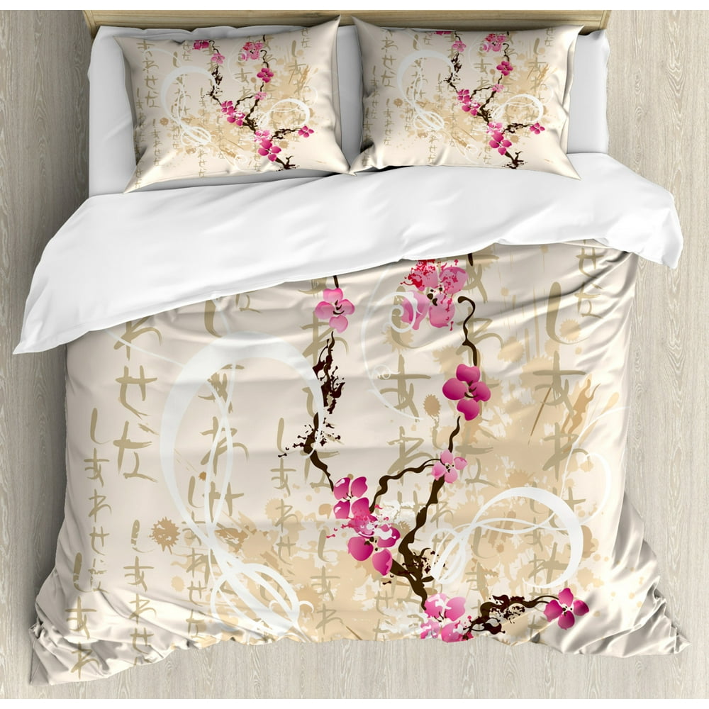 Cherry Blossom Queen Size Duvet Cover Set, Painting Style Japanese