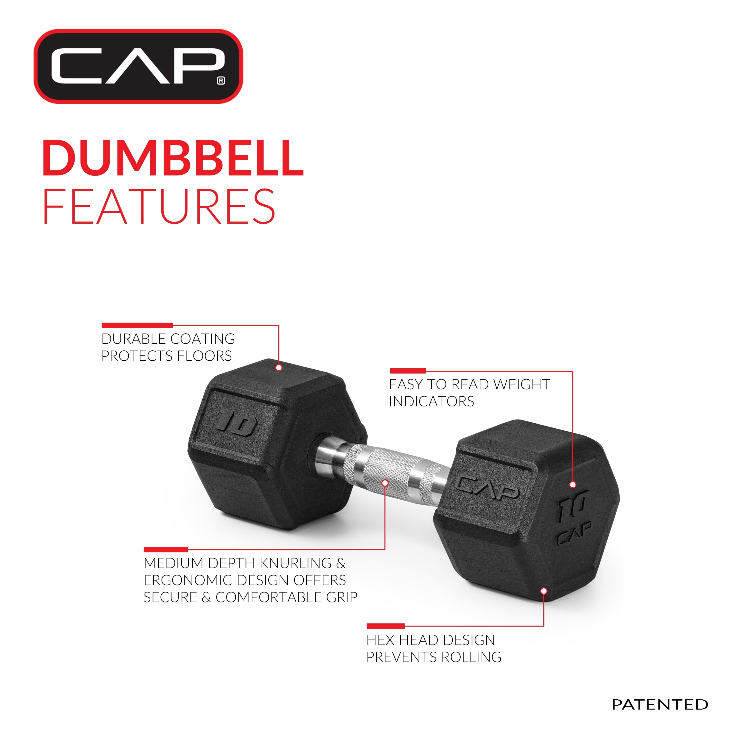CAP 10 lb Rubber Coated Hex Dumbbell with Contoured Handle