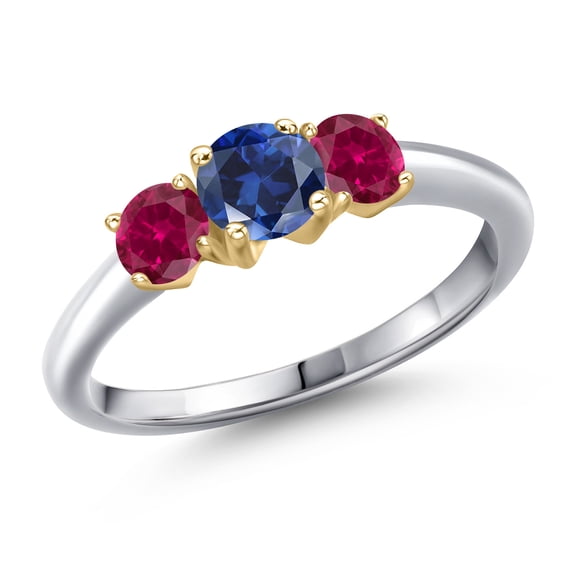 Gem Stone King 925 Silver and 10K Yellow Gold Blue Created Sapphire and Red Created Ruby Engagement Ring for Women | 1.10 Cttw | Round 5MM | Gemstone September Birthstone | Size 5