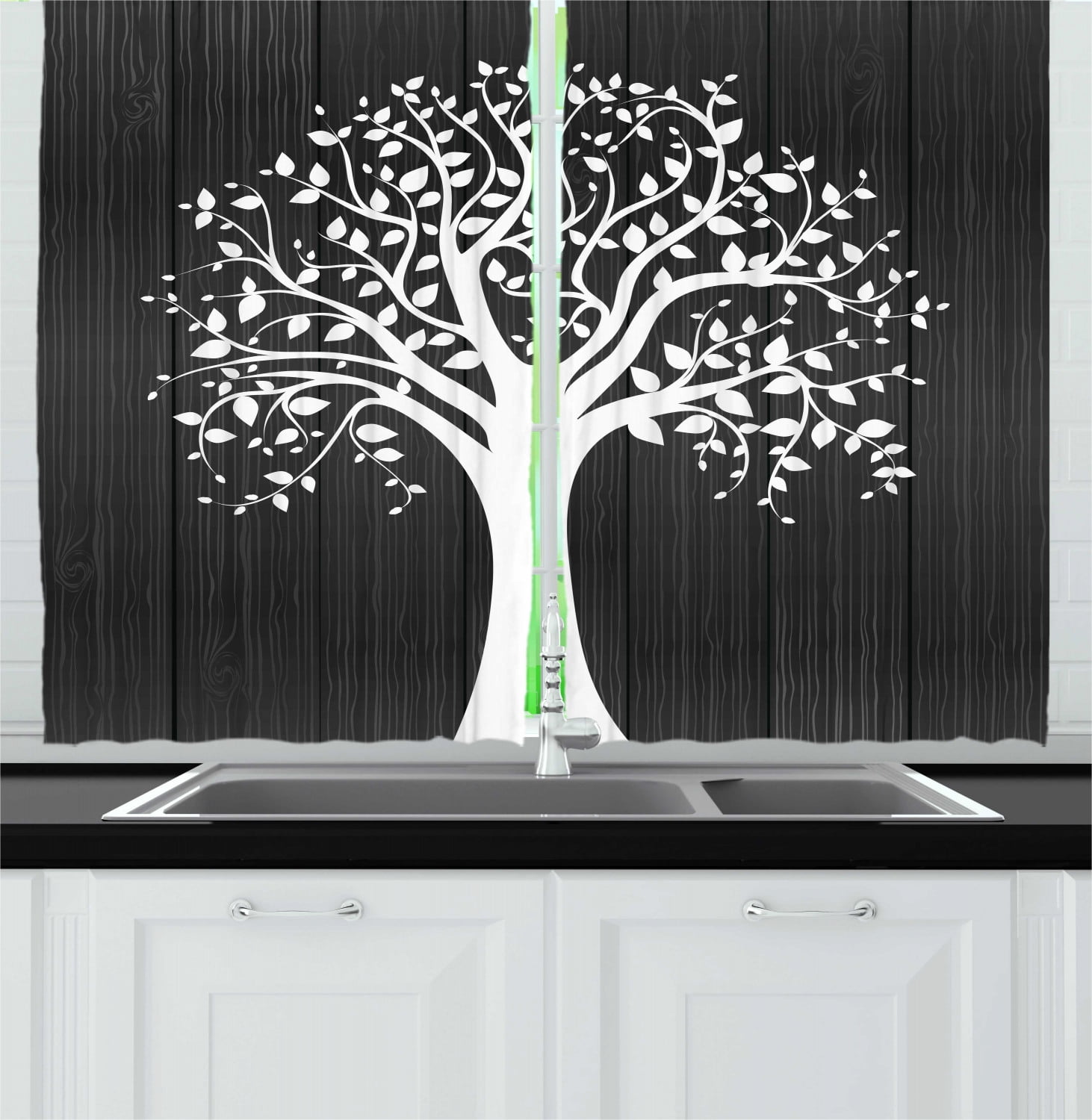 Rustic Curtains 2 Panels Set, A Tree with Many Leaves Pattern Wooden Background Botanical Theme Illustration Print, Window Drapes for Living Room Bedroom, 55W X 39L Inches, White, by Ambesonne