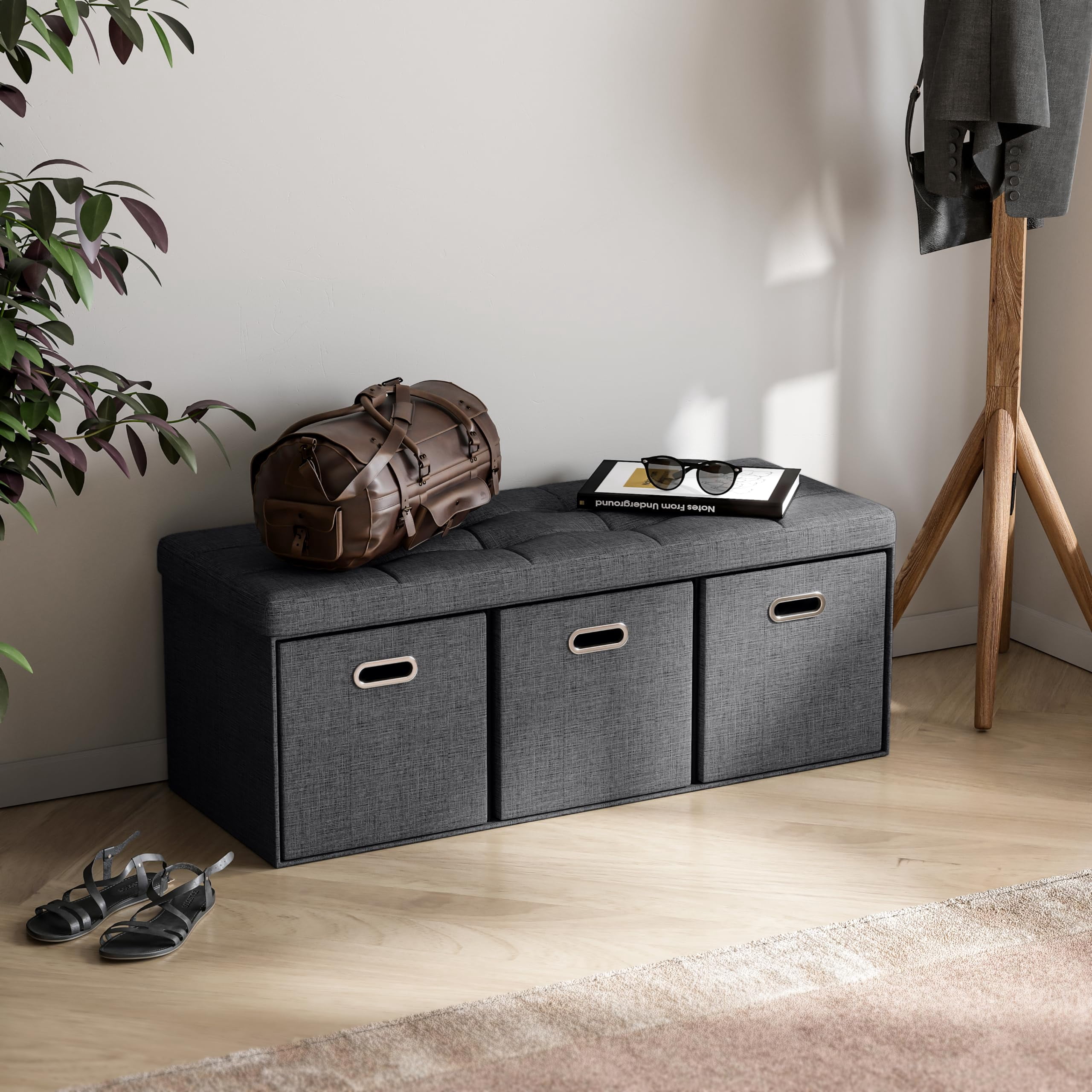 Multi-Functional Storage Ottoman 40 Inch, Foldable Tufted Linen Bench with 3 Cube Drawers, Foot Rest Seat for Living Room Bedroom, Black