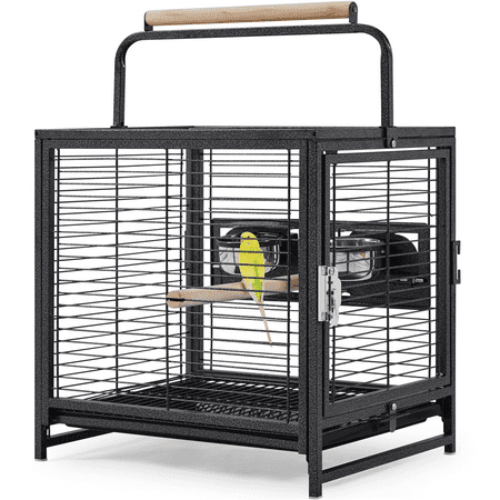 Topeakmart 26'' Wrought Iron Travel Bird Cage Carrier with Handle Perch & 2 Stainless Steel Bowls, Hammered Black