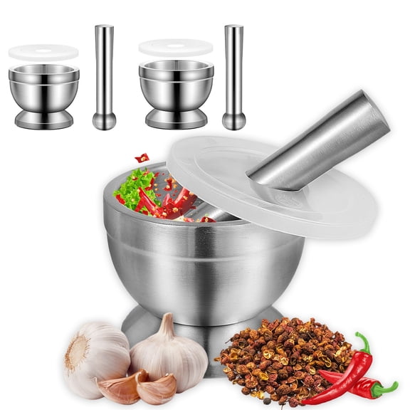 Stainless Steel Mortar and Pestle Set - Hygienic 304 Steel, Shock Absorption Pad for Quiet Grinding, Grip, Ideal Kitchen Tool & Housewarming Gift