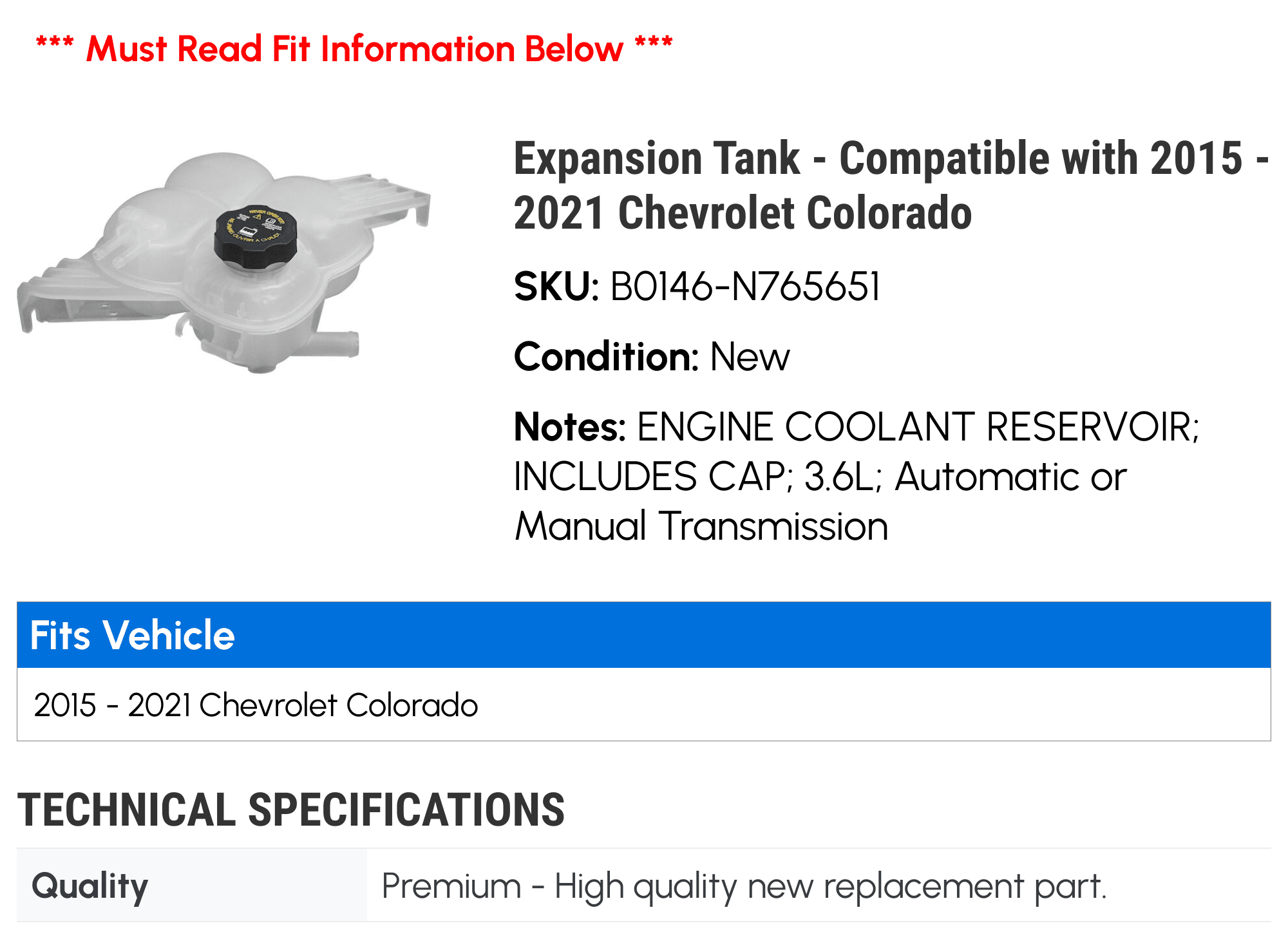 Expansion Tank - Compatible with 2015 - 2021 Chevy Colorado 2016 2017 2018 2019 2020