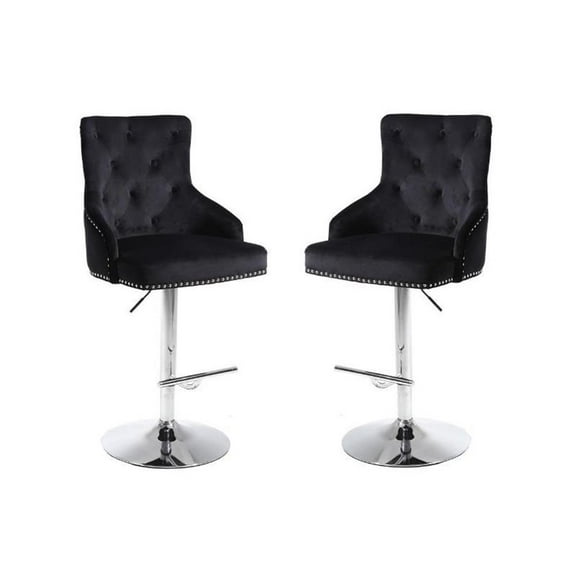 Home Square 2 Piece Swivel Velvet Adjustable Bar Stool Set in Black