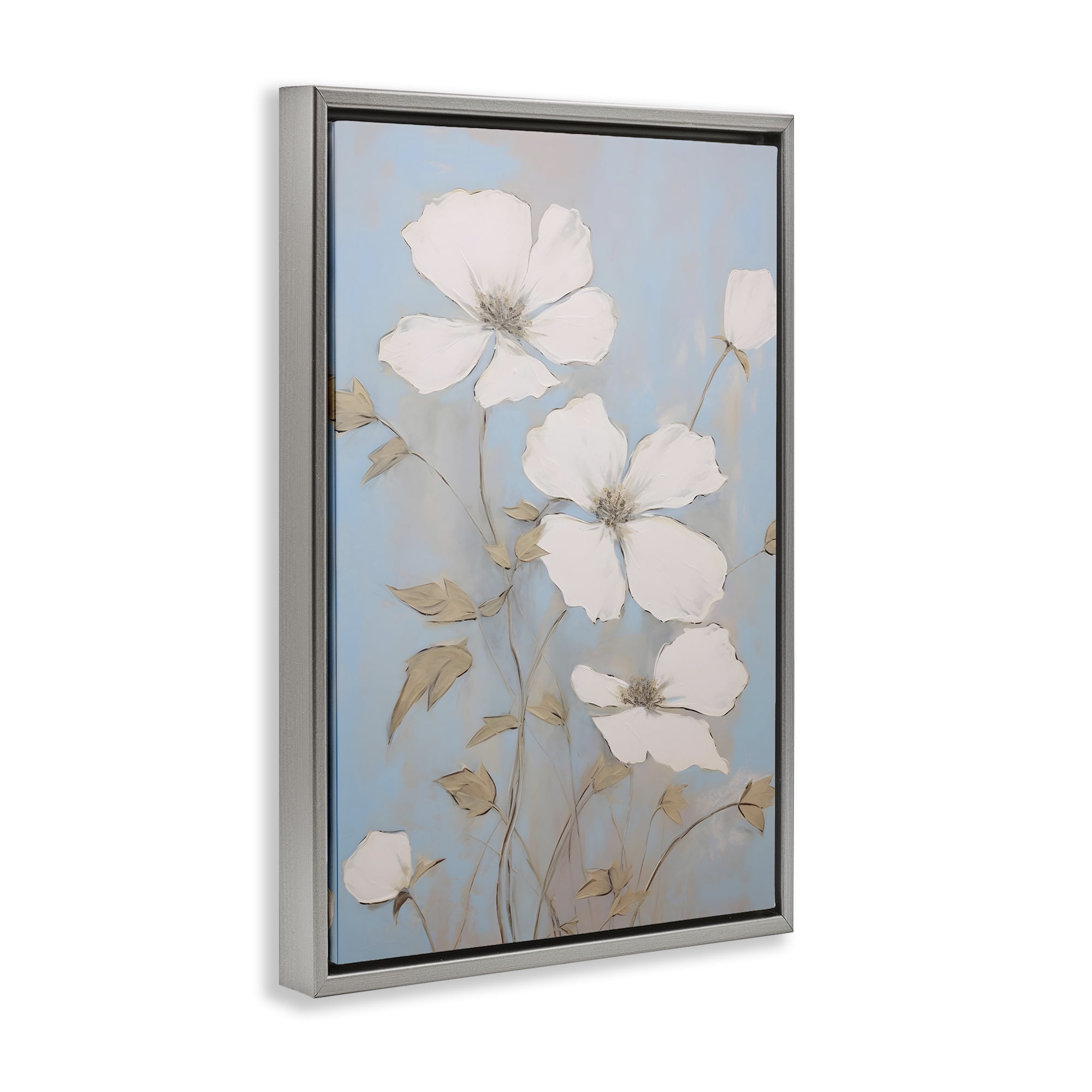 Stupell Industries White Petal Flowers Botanical & Floral Painting Gray Floater Framed Art Print Wall Art, 17 x 25