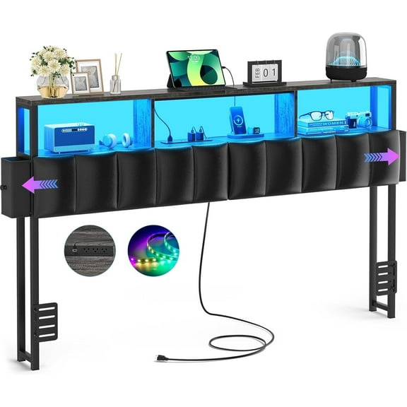 Homieasy Upholstered Queen Headboard with Hidden Drawer Storage, Headboards for Queen Size with Power Outlet and LED Light, Sturdy and Stable Headboard, Black Oak