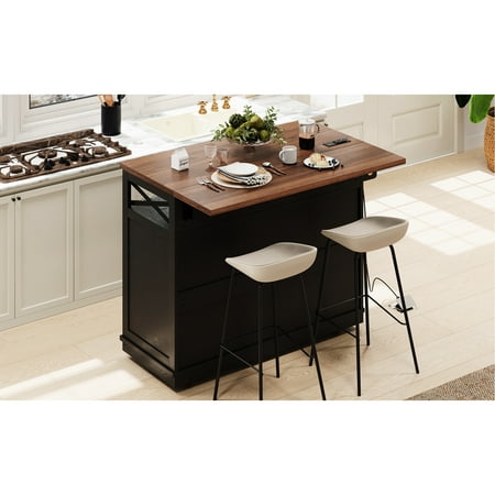 46.5 Rolling Kitchen Island Beaded Drape Decoration Power Socket 3 Drawers Doors Internal Shelf Black Island With Charging Station Of Beads Drop Leaf Cabinets