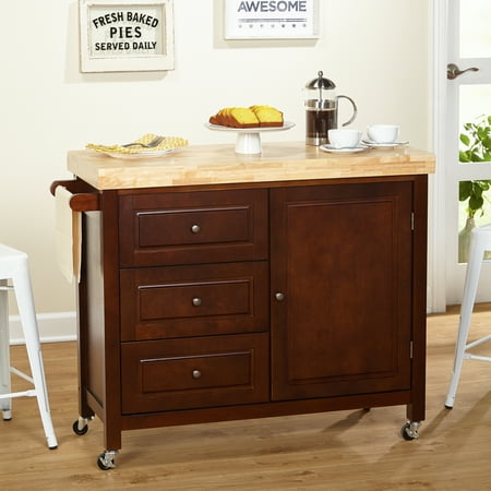 TMS Monterey Butcher Block Rolling Kitchen Island with Drawers, Cabinet, and Towel Rack, Espresso
