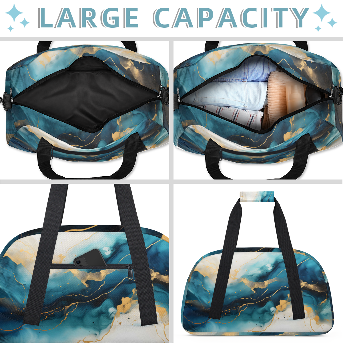 Herdesigns Sports Duffle Bags Travel Duffle Bag Gym Bag Turquoise Abstract Gold And Blue Marble Weekender Travel Bag Waterproof Overnight Bag Carry On Travel Tote Bag Dance Bags