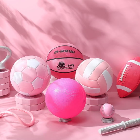 6 Pcs Pink Multi-Sport Ball Set with Gear Bag and Pump - , Basketball, Soccer, Volleyball, Playground Ball, Baseball
