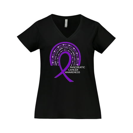 

Inktastic Pancreatic Cancer Awareness Rainbow Ribbon with Hearts Women s Plus Size V-Neck