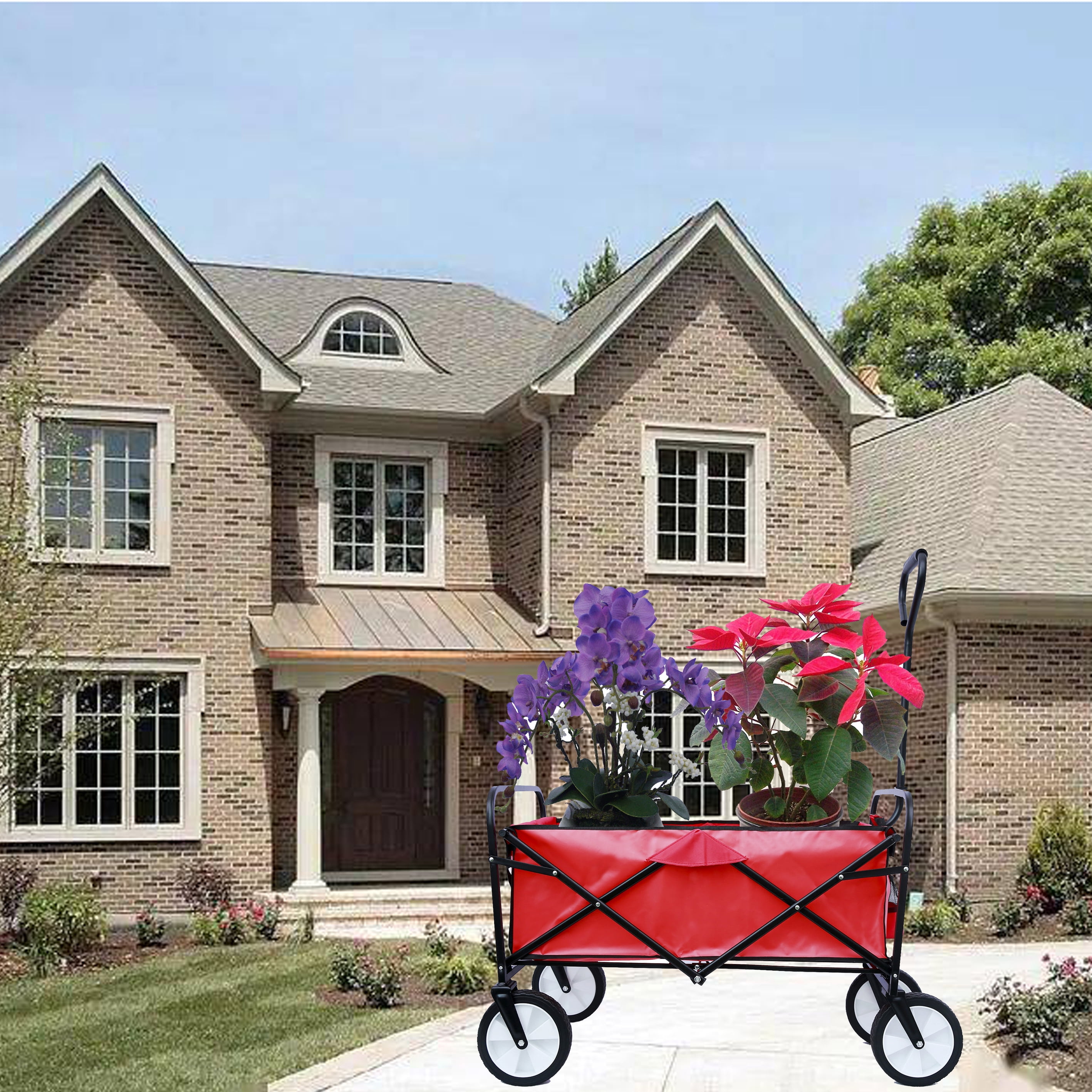 Jump Into Fun Wagon Cart, Newest Collapsible Wagon for Kids with Big Wheels, Push Bar, 2 Mesh Cup Holders, 200LBS Capacity Foldable Beach Wagon, Heavy Duty Utility Wagon Garden Cart for Yard, Red