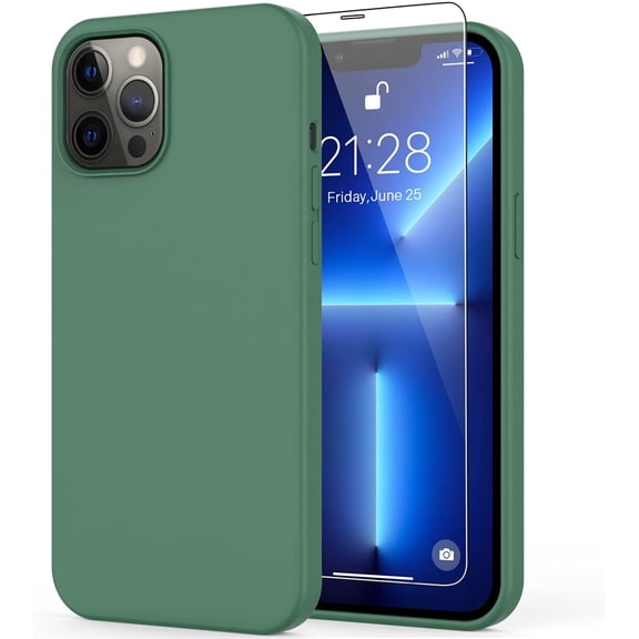 iPhone 13 Pro Max Case with Screen Protector,Soft Flexible Silicone Gel Rubber Bumper Cover,Slim Fit Shockproof Protective Phone Case for iPhone 13 Pro Max 6.7" Dark Green