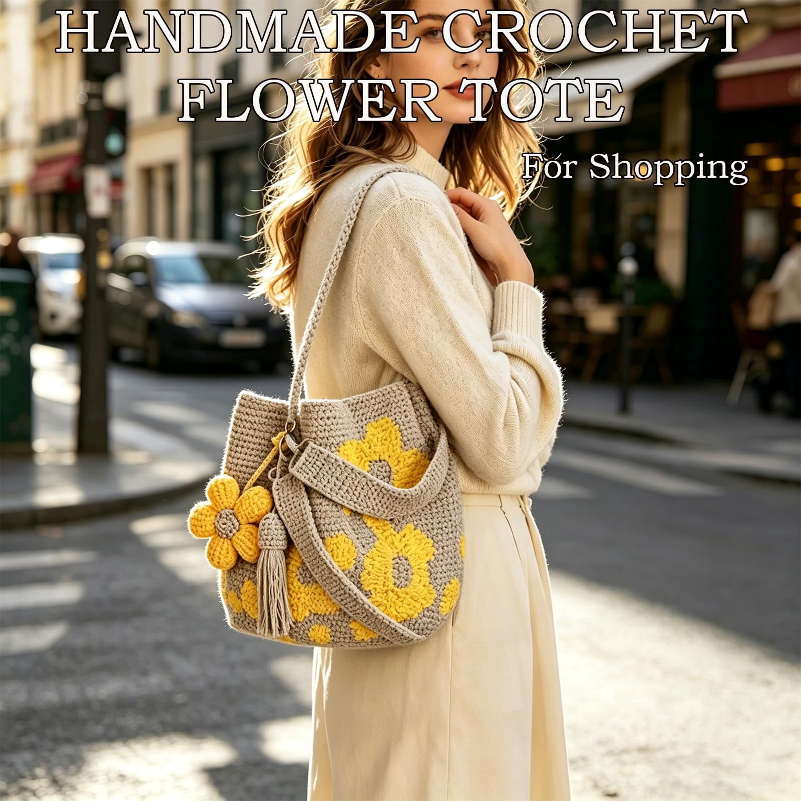 Handmade Crochet Flower Tote Knit Boho Beach Handbags Crossbody Shoulder Bag for Women Large Capacity Design
