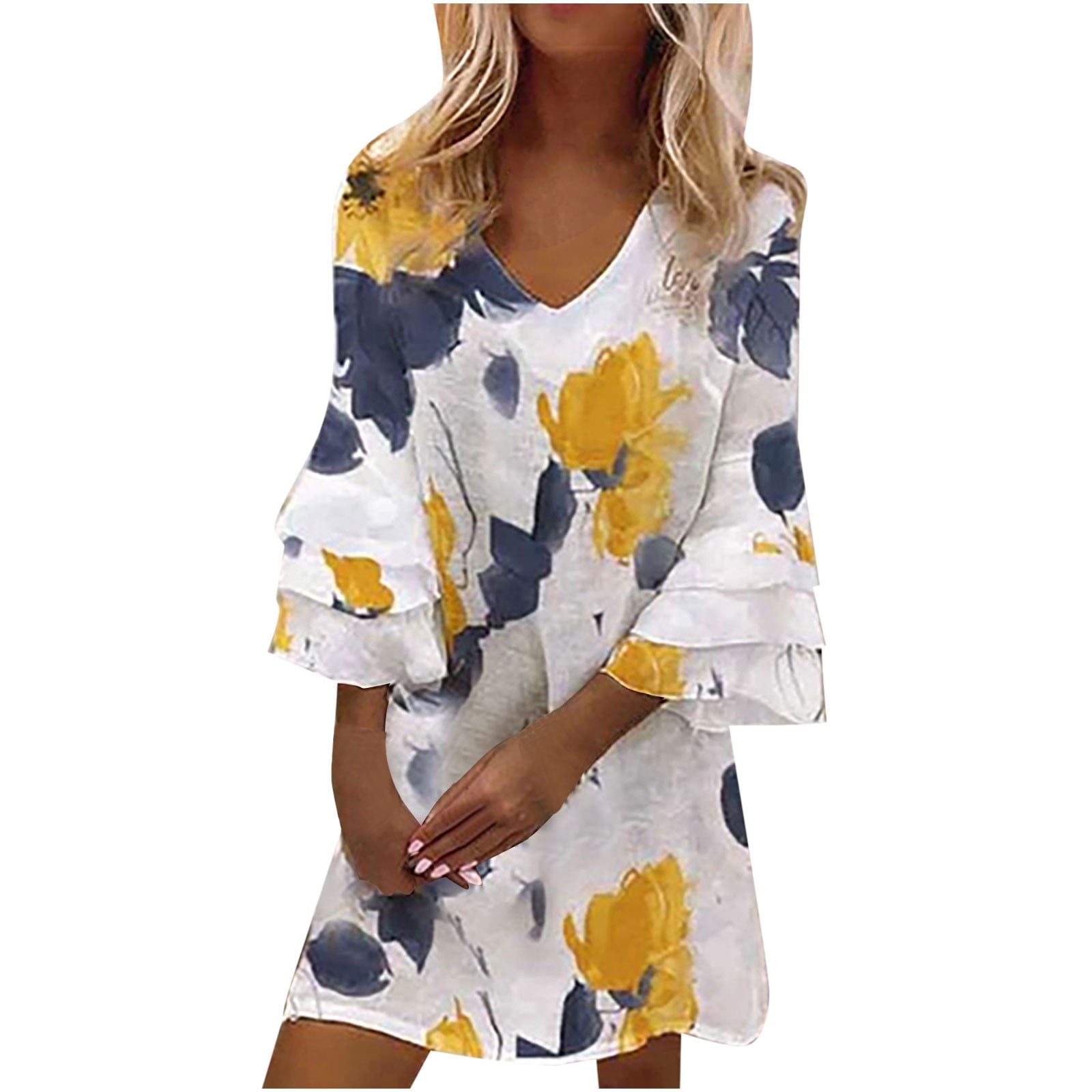 Summer Fall Tunic Dresses for Women Casual Bell Sleeve V Neck Shift Dress Cute Marble Print Short Beach House Dresses