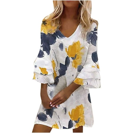 Spring Mini Dresses for Women 2022 Casual Loose Fit Vintage Shiny Marble Print 3/4 Flare Sleeve V Neck Knee Length Dress