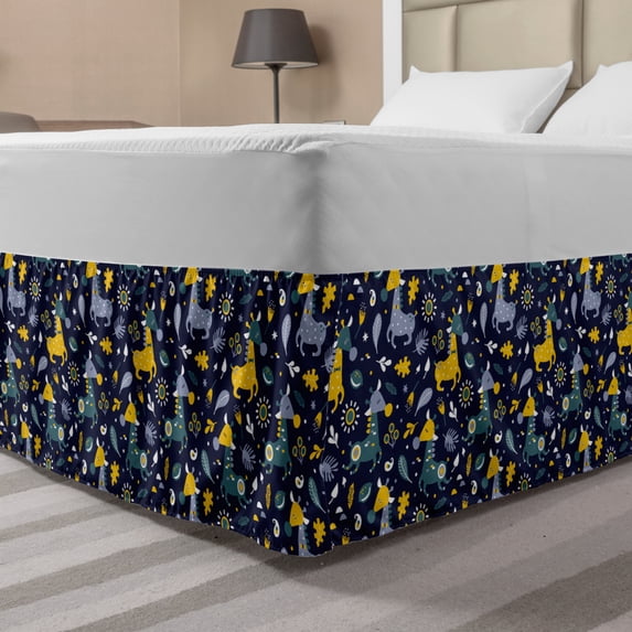 Botanic Bed Skirt, Funny Baby Giraffe in the Forest Blooms Wildflowers Fern Leaf Berry, Elastic Bedskirt Dust Ruffle Wrap Around for Bedding Decor, 4 Sizes, Ceil Blue Indigo Mustard, by Ambesonne
