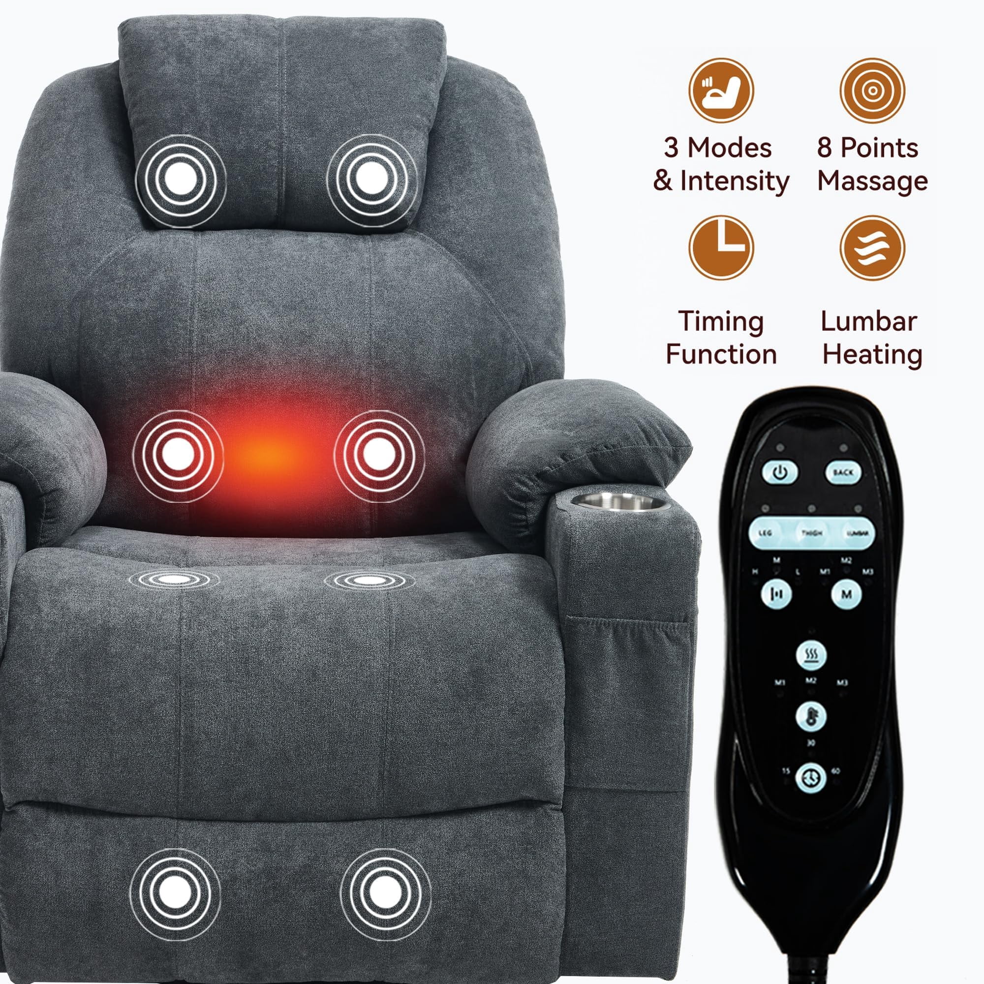 Power Lift Recliner Chair, Electric Lift Recliner for Elderly Reclining Chair with Vibration Massage and Lumbar Heating, Single Sofa with Charging Ports Cup Holders
