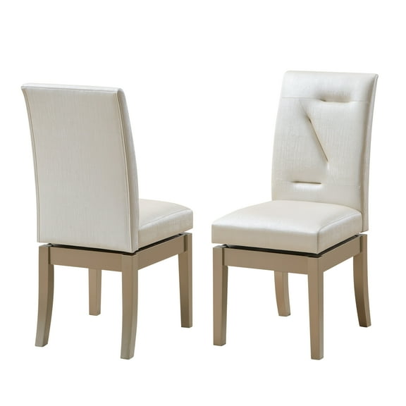 Legault Swivel Dining Side Chairs, White Vinyl & Gold Wood (Set of 2)