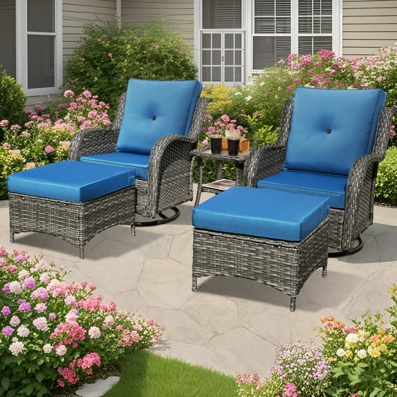 5 Piece Outdoor Patio Furniture Set Wicker Parlor Bistro Set Swivel Rocking Chair with 1 Side Table and 2 Ottomans, Soft and Comfortable Cushions (Sky Blue) for Backyard, Porch, Deck