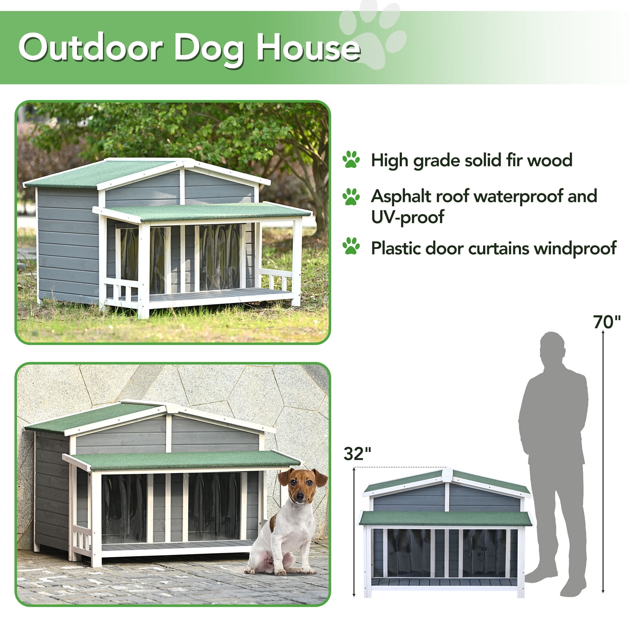 Pefilos 47" Wooden Dog House Outdoor & Indoor Dog Crate, Cabin Style, With Porch, 2 Doors Pet House for Large Dogs and Cat, Gray Pefilos 47" Wooden Dog House Outdoor & Indoor Dog Crate, Cabin Style, With Porch, 2 Doors Pet House for Large Dogs and Cat, Gray