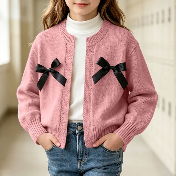 Girls Open Front Knit Cardigan Long Sleeve Crew Neck Solid Color Sweater for Kids Pink B 8-10 Years