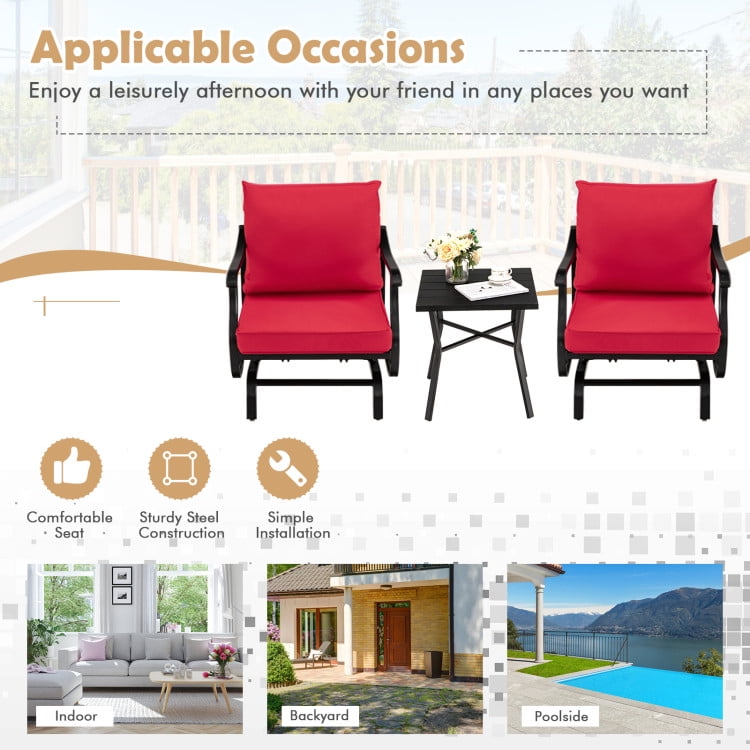 Aimee Lii 3 Pieces Outdoor Patio Rocking Chair Set with Coffee Table, Patio Conversation Sets, Red