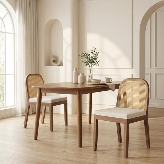 Mid Century Modern Rattan Dining Chairs Set of 2, Upholstered Dining Chairs with Woven Cane Back, Solid Wood Kitchen & Dining Room Side Chairs, Farmhouse Accent Chairs, Walnut Finish, Beige